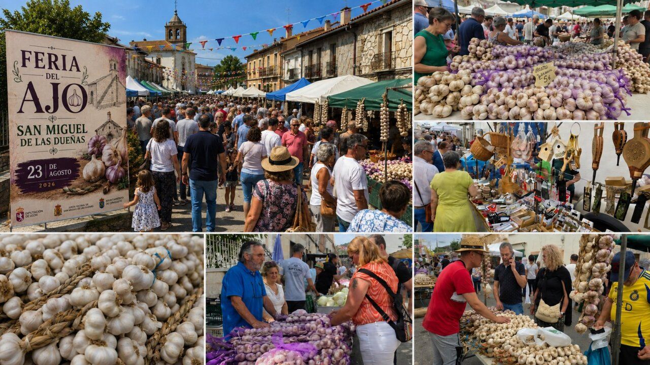 Multitud de personas en la Feria del Ajo en San Miguel de las Dueñas