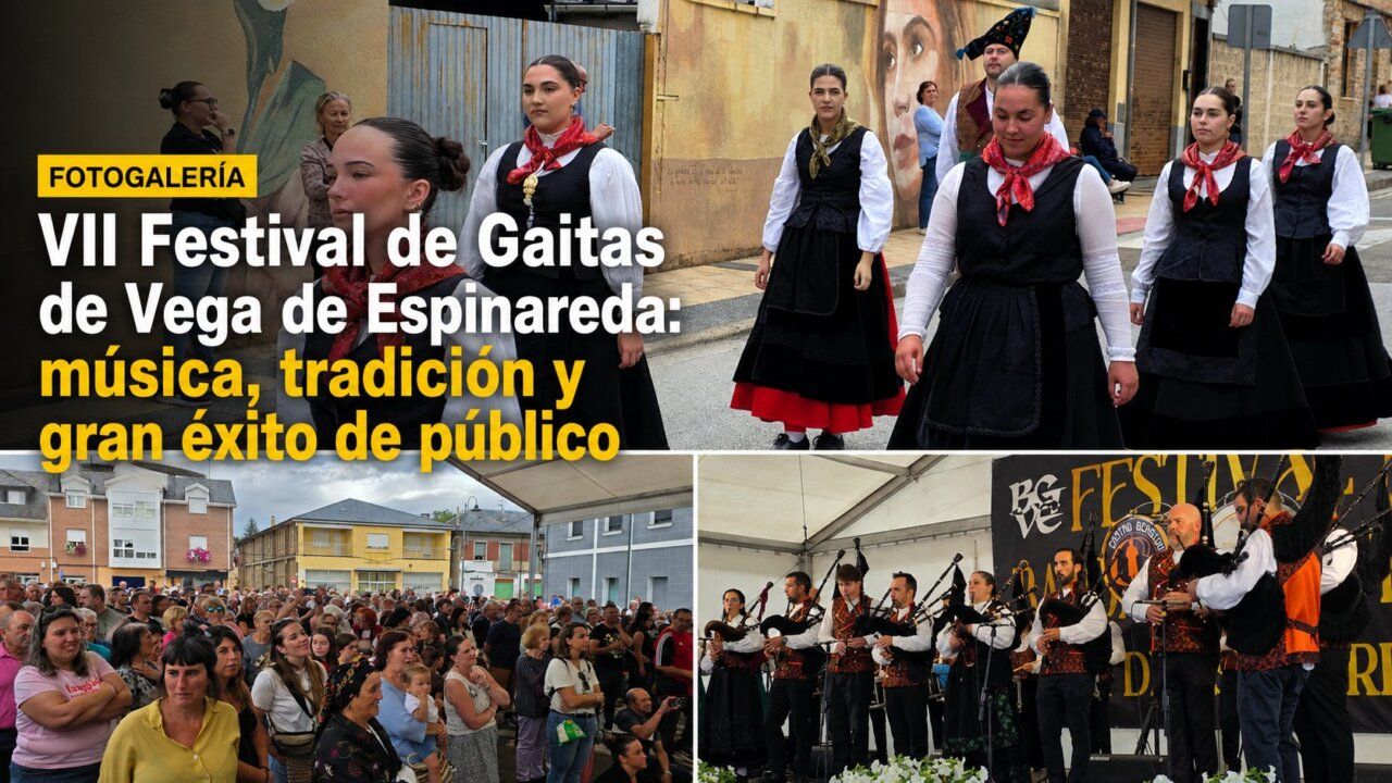 Participantes del VII Festival de Gaitas en Vega de Espinareda con trajes tradicionales.