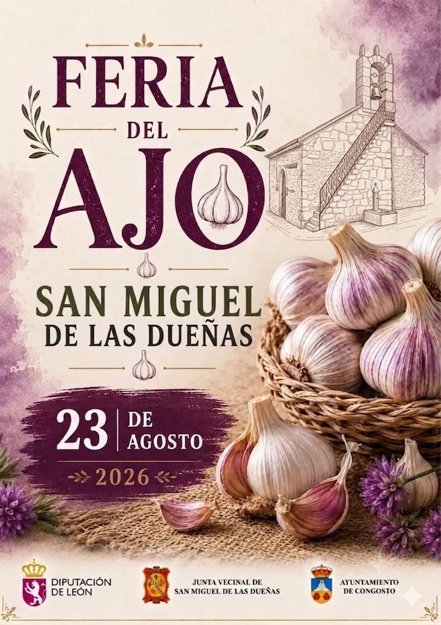 Cartel de la Feria del Ajo en San Miguel de las Dueñas con ajos y una iglesia