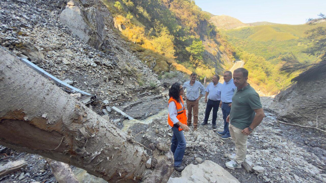 Visita de autoridades a la carretera de Peñalba tras un desprendimiento