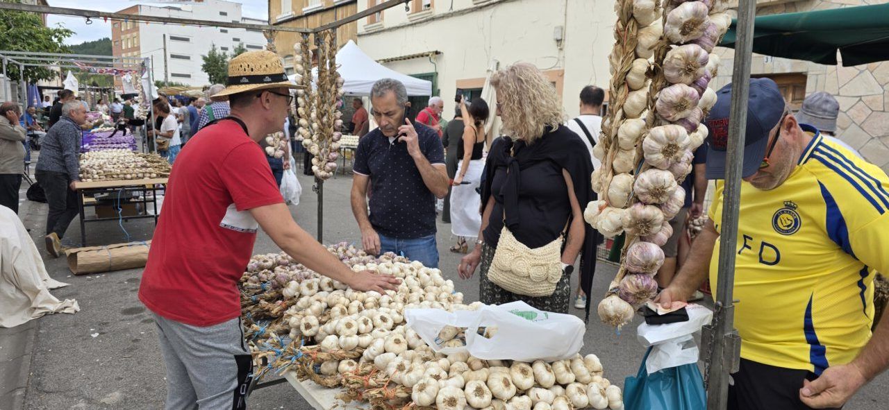 Visitantes en la Feria del Ajo de San Miguel de las Dueñas observando ajos