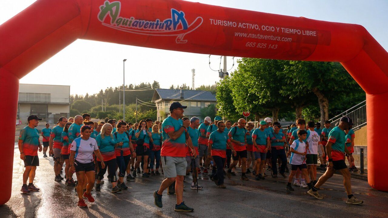 Participantes de la XXI Marcha Nocturna en Arganza bajo un arco de meta.