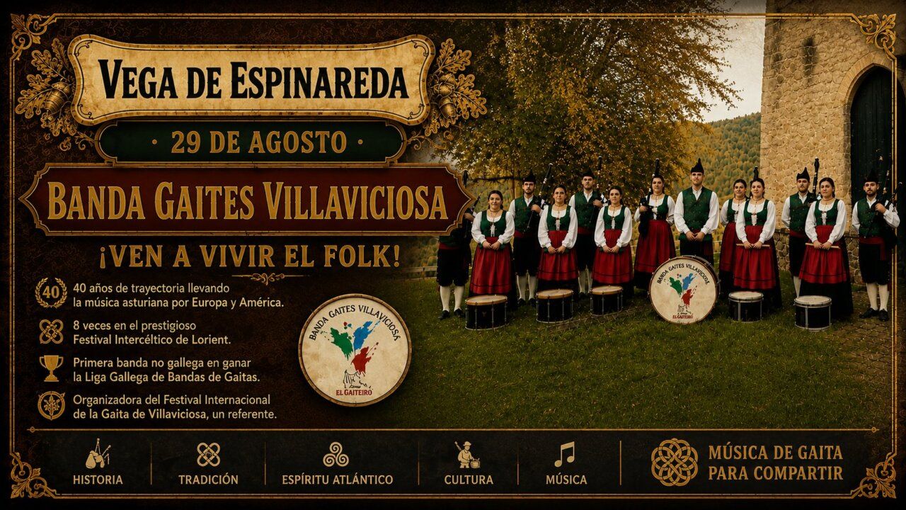 Banda de Gaites Villaviciosa en Vega de Espinareda con trajes tradicionales