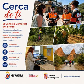 Banner del Consejo Comarcal del Bierzo con imágenes de servicios y apoyo