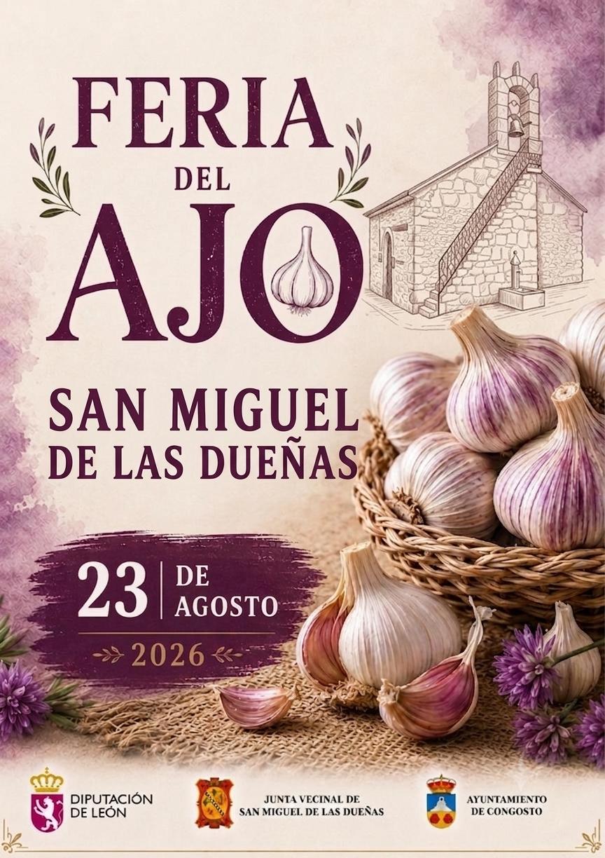 Banner de la Feria del Ajo en San Miguel de las Dueñas con ajos y un edificio