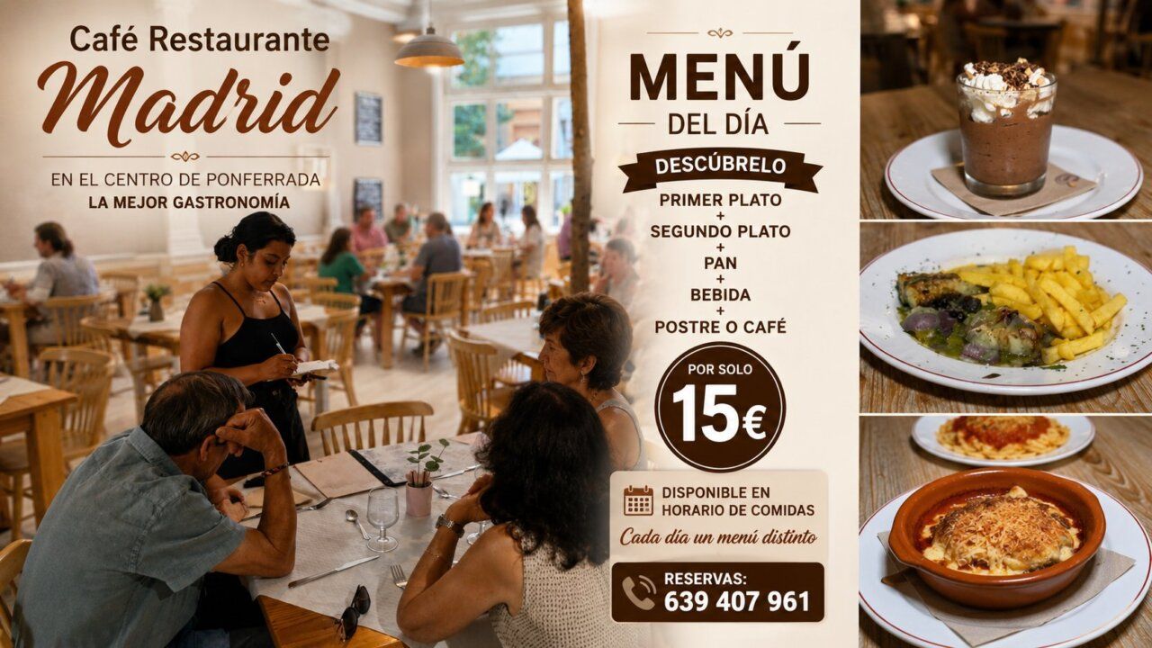 Interior del Café Madrid en Ponferrada con menú del día