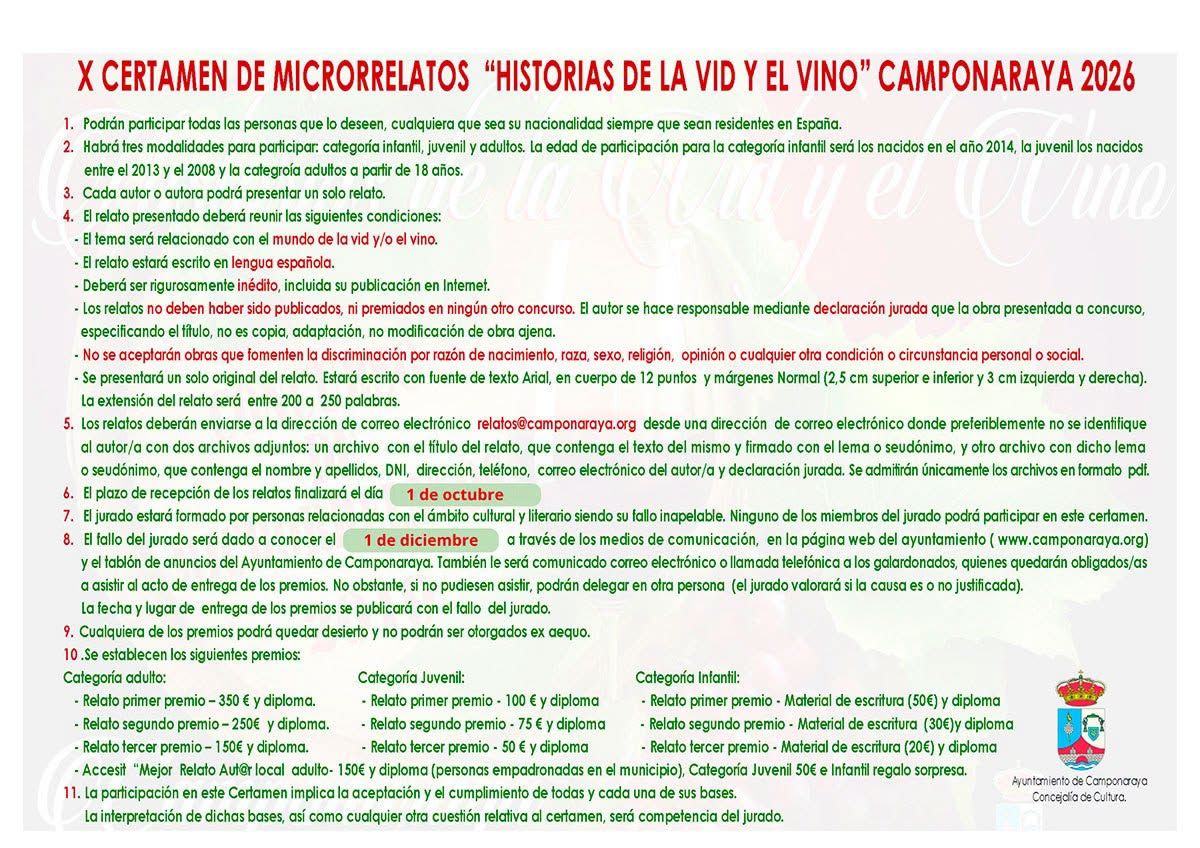 Cartel del X Certamen de Microrrelatos en Camponaraya sobre vino