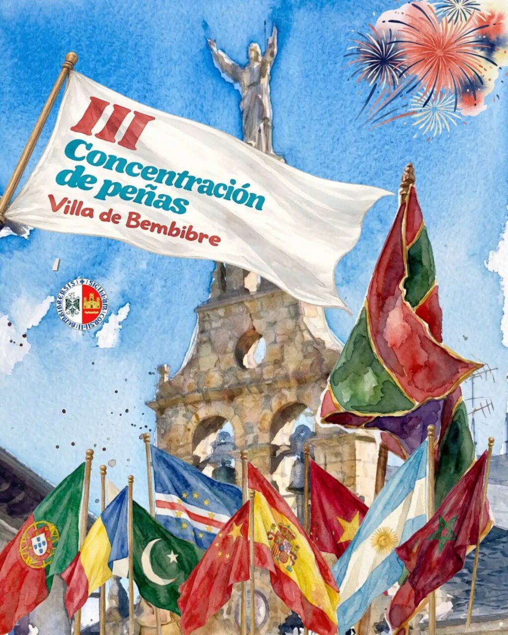 Cartel de la III Concentración de Peñas en Villa de Bembibre con banderas