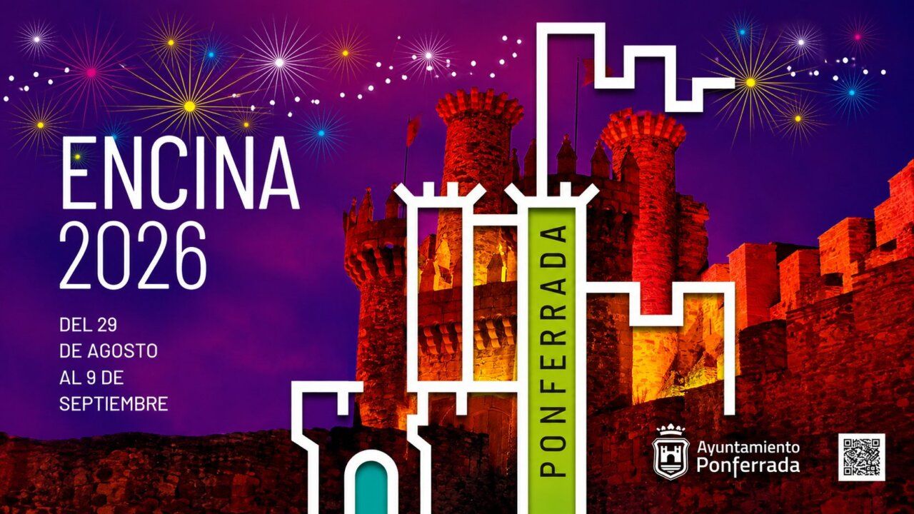 Cartel del evento Encina 2026 en Ponferrada con fuegos artificiales.