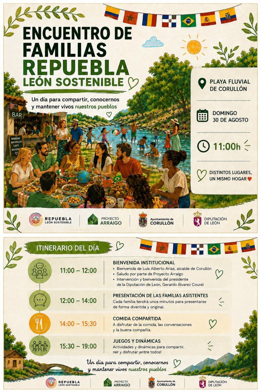 Cartel del encuentro de familias en Corullón con actividades y banderas