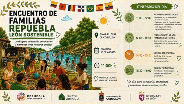 Encuentro de familias en la playa fluvial de Corullón con actividades y convivencia.