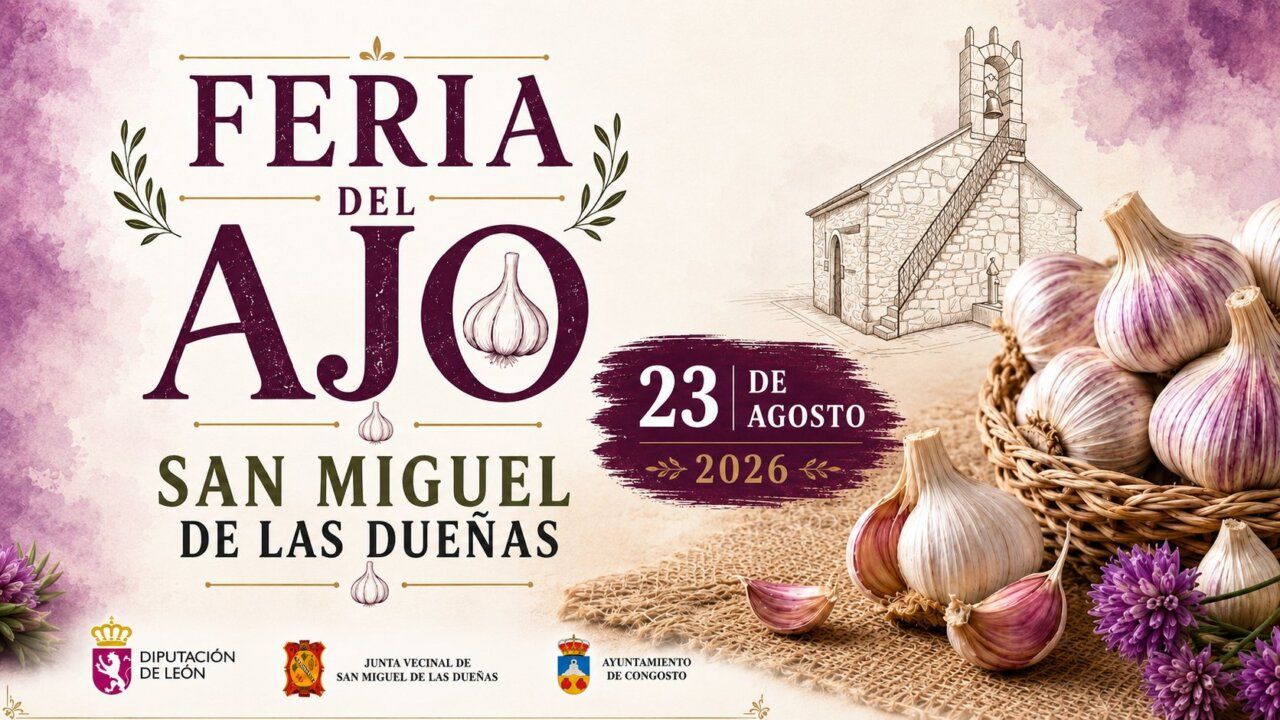 Cartel de la Feria del Ajo en San Miguel de las Dueñas con ajos y una iglesia