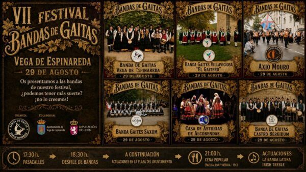 Cartel del VII Festival de Gaitas en Vega de Espinareda con bandas participantes.