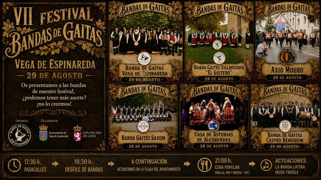 Cartel del VII Festival de Gaitas en Vega de Espinareda con bandas participantes.