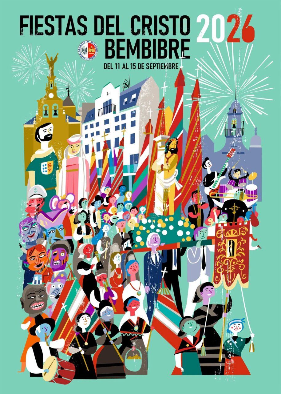 Cartel de las Fiestas del Cristo 2026 en Bembibre con ilustraciones coloridas.