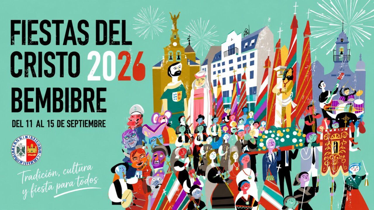 Cartel de las Fiestas del Cristo 2026 en Bembibre con coloridos personajes y elementos festivos