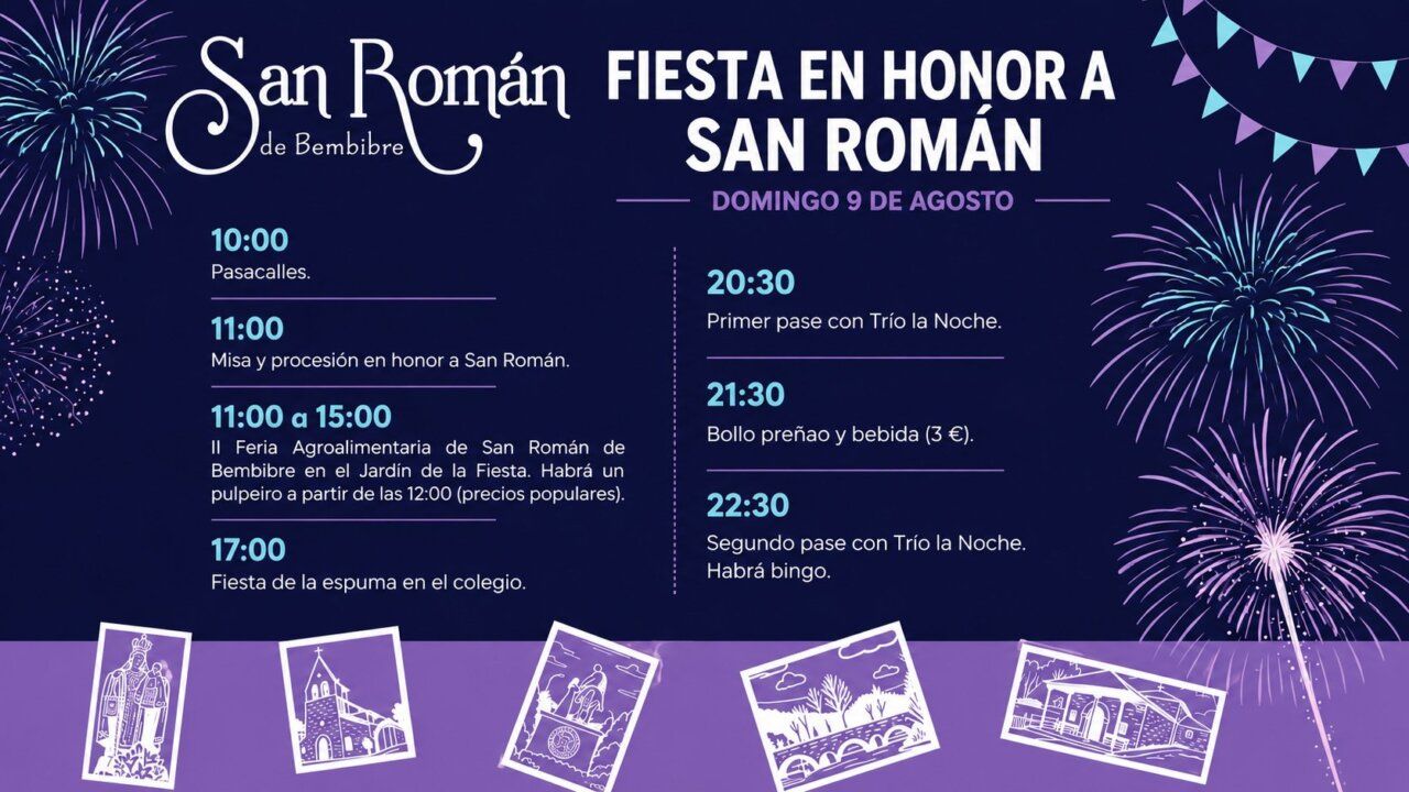 Cartel de las fiestas patronales de San Román de Bembibre con actividades y horarios.