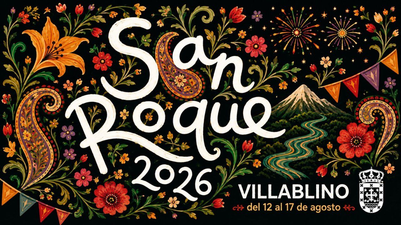 Cartel de las fiestas de San Roque en Villablino con flores y montañas