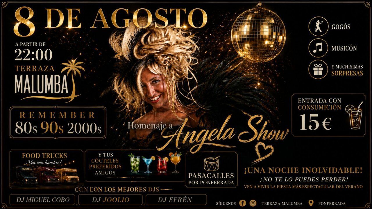 Cartel de la fiesta homenaje a Ángela Show en Terraza Malumba
