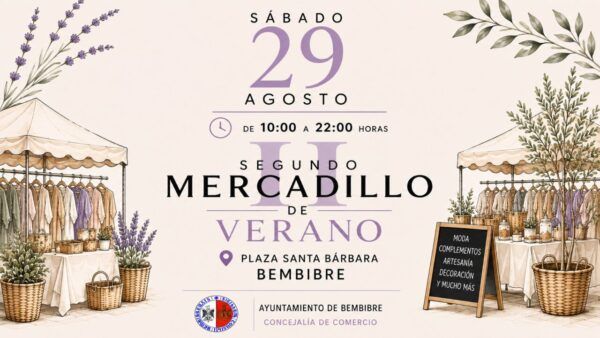 Cartel del II Mercadillo de Verano en la Plaza Santa Bárbara de Bembibre
