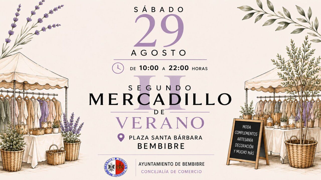 Cartel del II Mercadillo de Verano en la Plaza Santa Bárbara de Bembibre