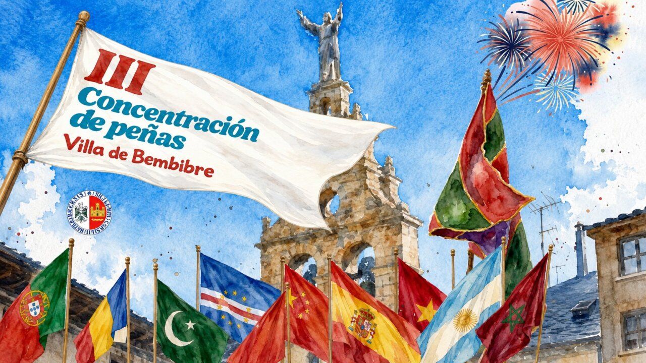 Cartel de la III Concentración de Peñas en Bembibre con banderas y fuegos artificiales.