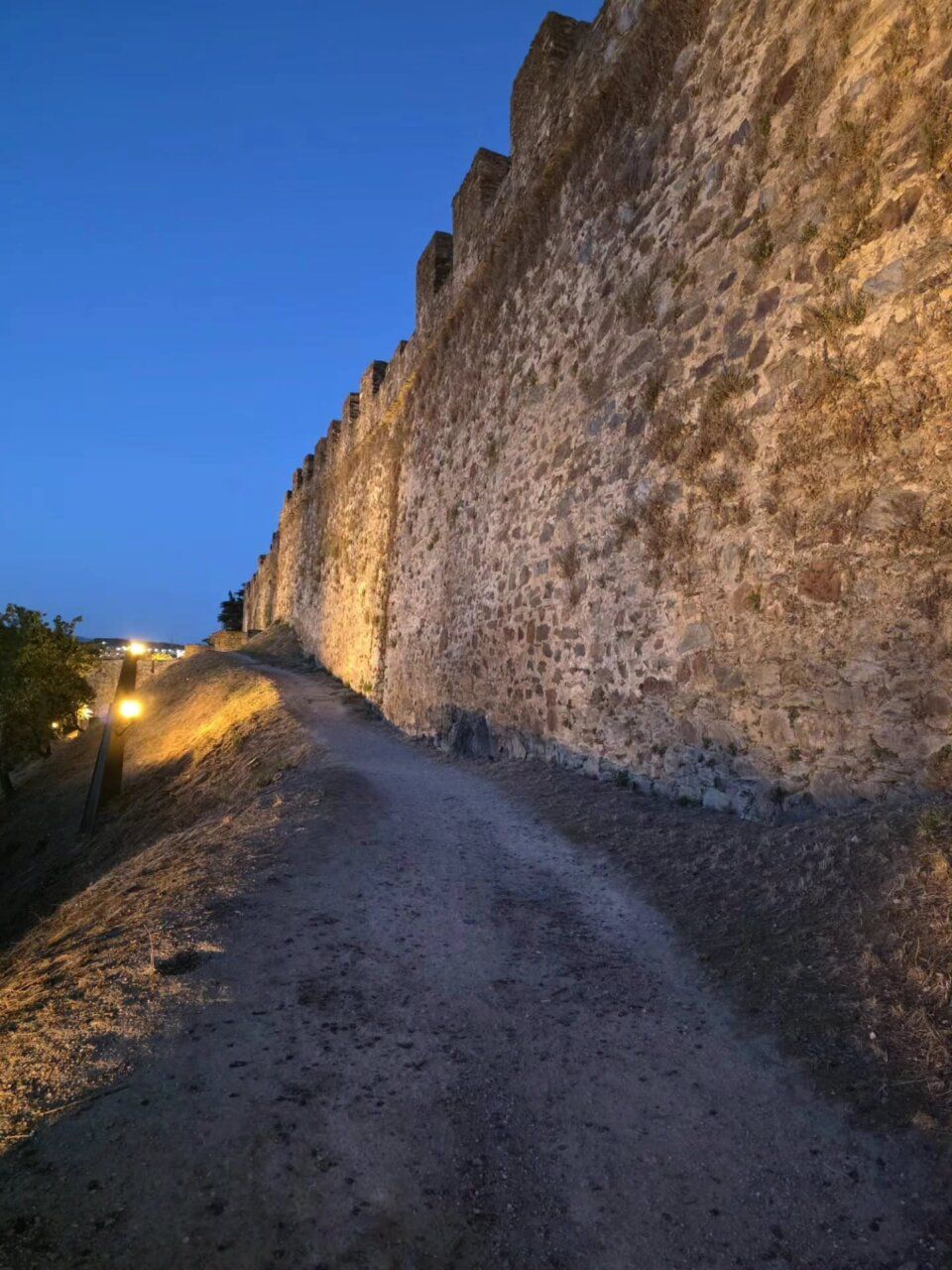 Vista del castillo iluminado al anochecer con camino de tierra