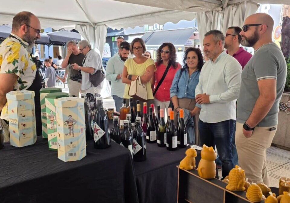 Visitantes en el Mercado de Verano en Ponferrada observando productos locales.