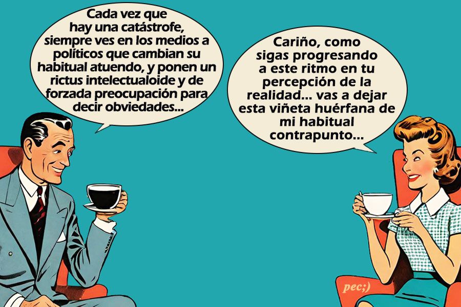 Viñeta de dos personajes conversando sobre política y percepción