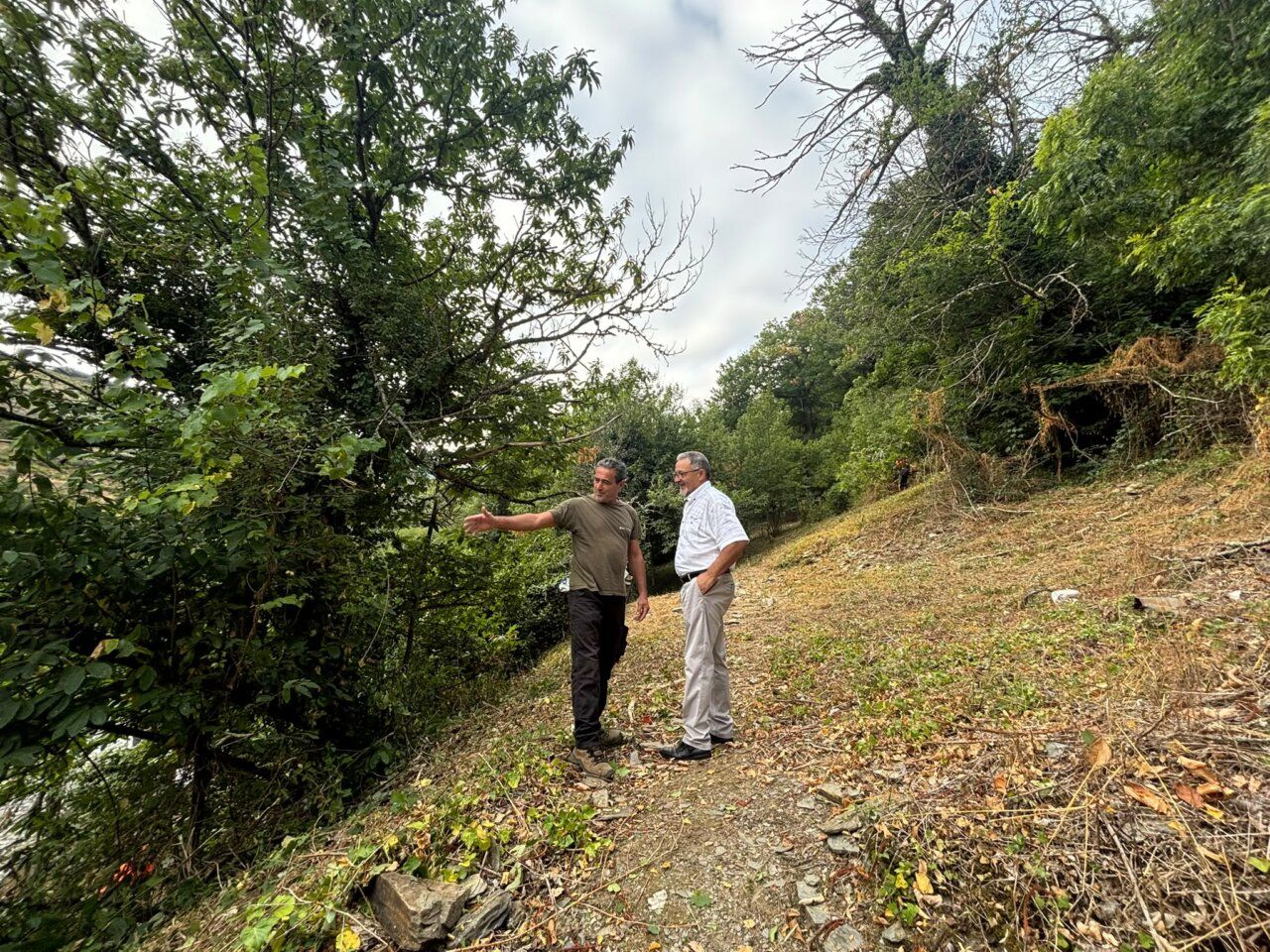 Dos hombres conversando en un entorno natural durante labores de desbroce.