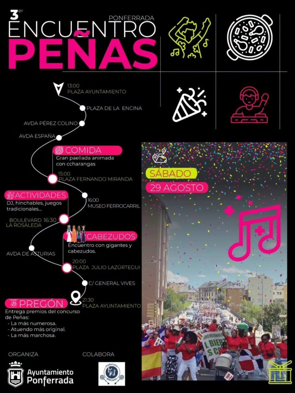 Cartel del Encuentro de Peñas en Ponferrada 2026 con actividades y programación.