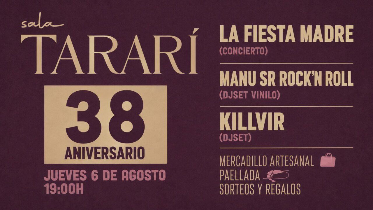 Cartel del 38º aniversario de la Sala Tararí con eventos musicales y mercadillo