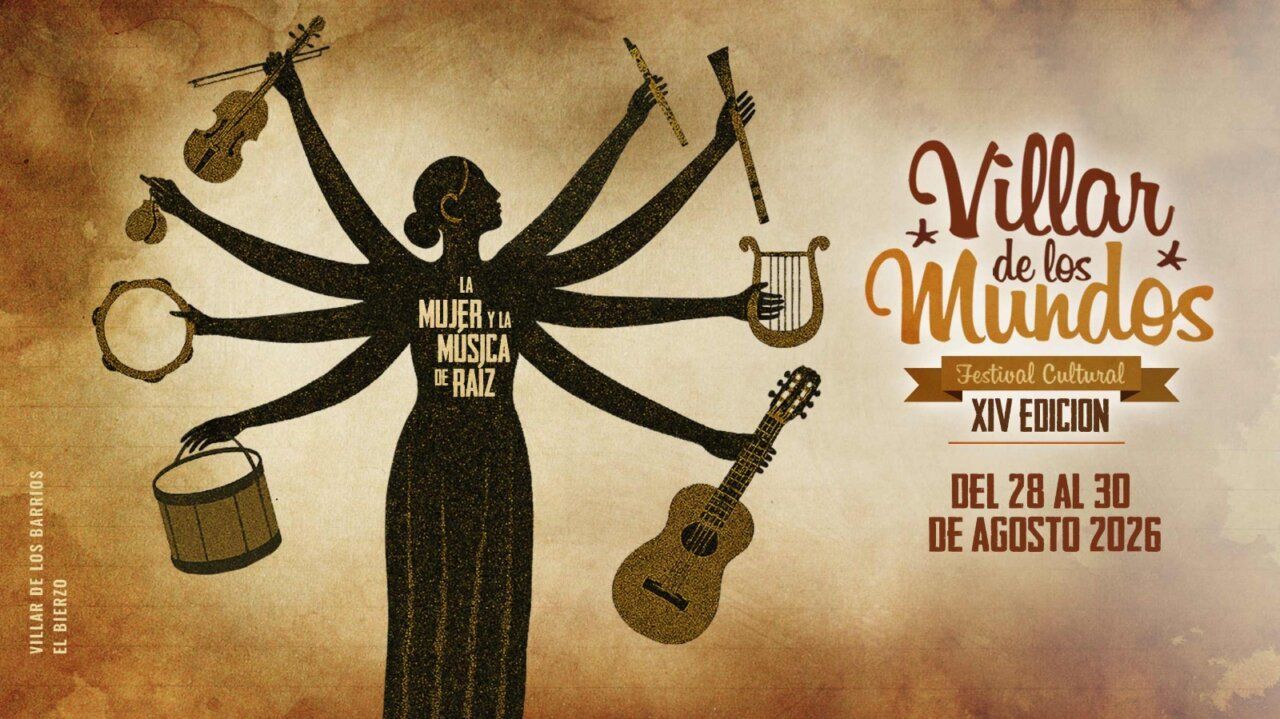 Cartel del festival Villar de los Mundos con instrumentos musicales