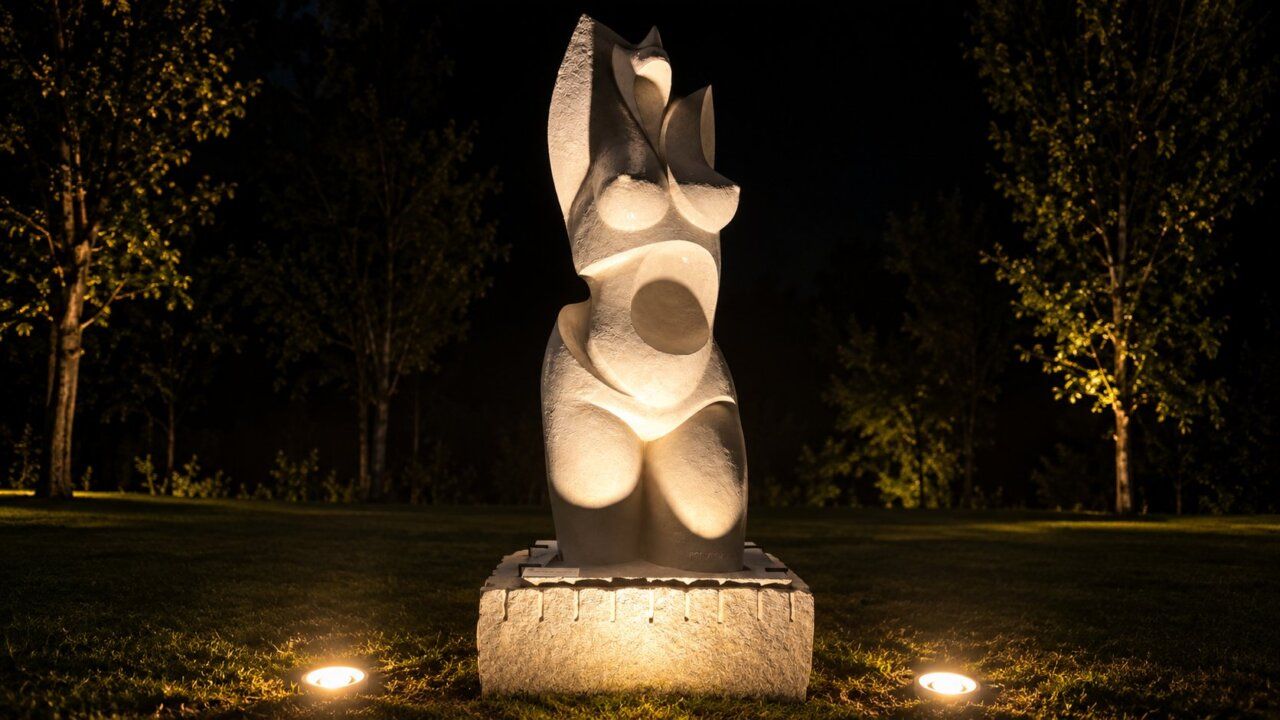 Escultura monumental iluminada en Carracedelo durante la noche
