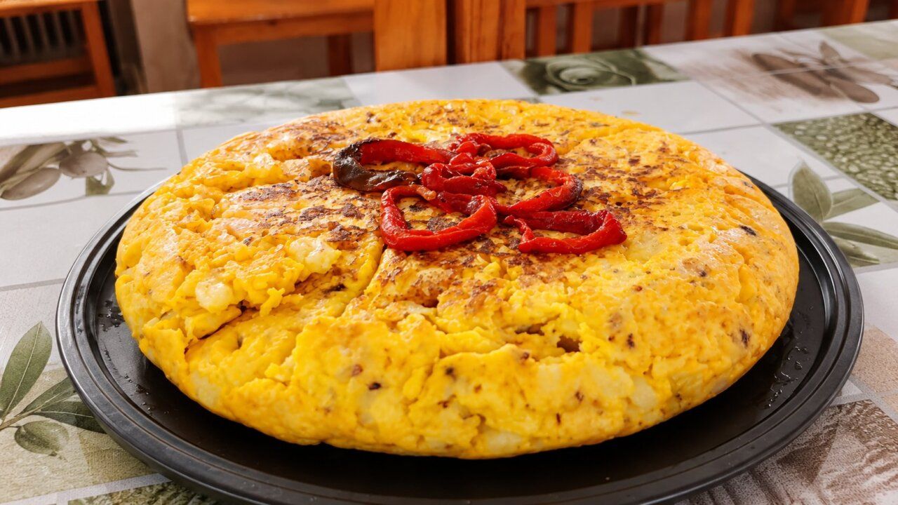 Tortilla española decorada con pimientos rojos en un plato