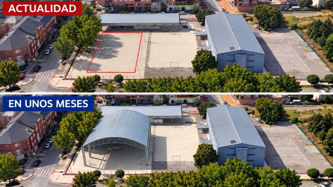 Vista aérea del CEIP Flores del Sil con pista cubierta en construcción