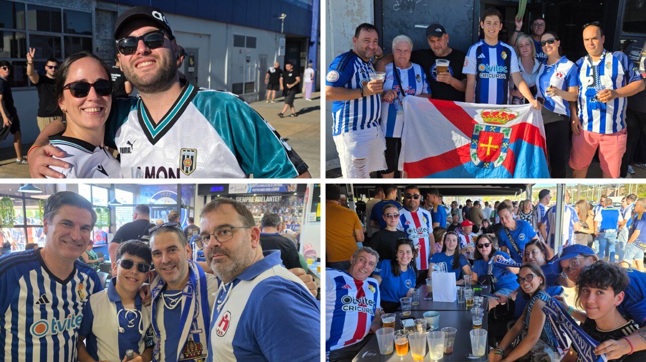 Aficionados de la Ponferradina en el Bar El Toralín con camisetas y banderas