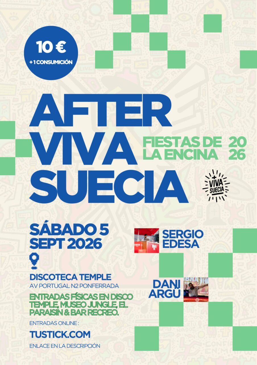 Cartel del evento Aftersuecia en Ponferrada con detalles de artistas y entradas.