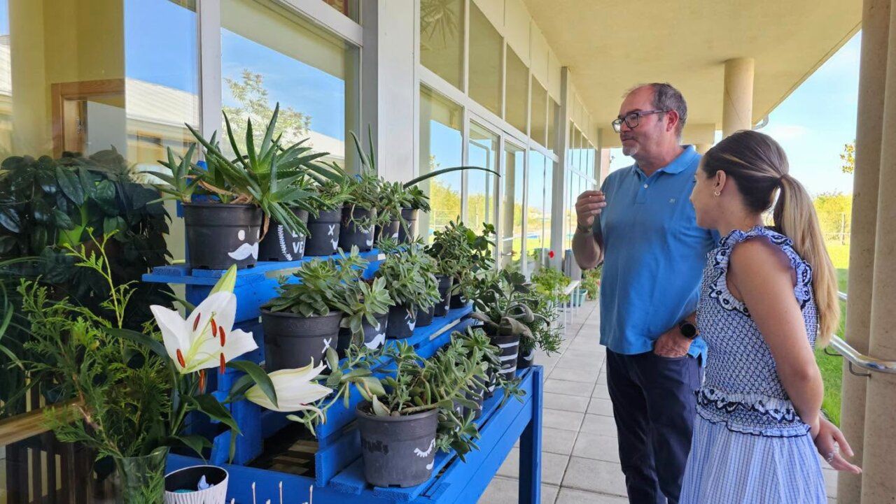 Dos personas observando plantas en un estante en Arganza