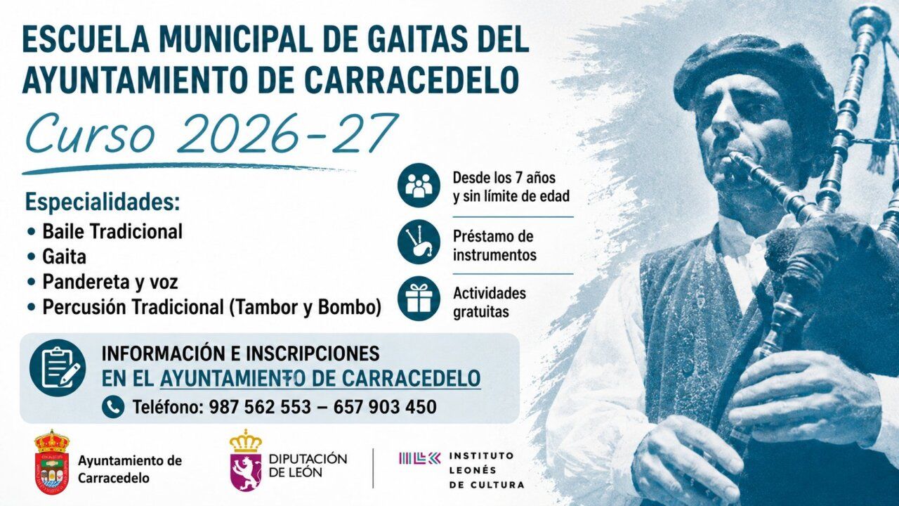 Cartel de la Escuela Municipal de Gaitas de Carracedelo con información del curso 2026-2027.