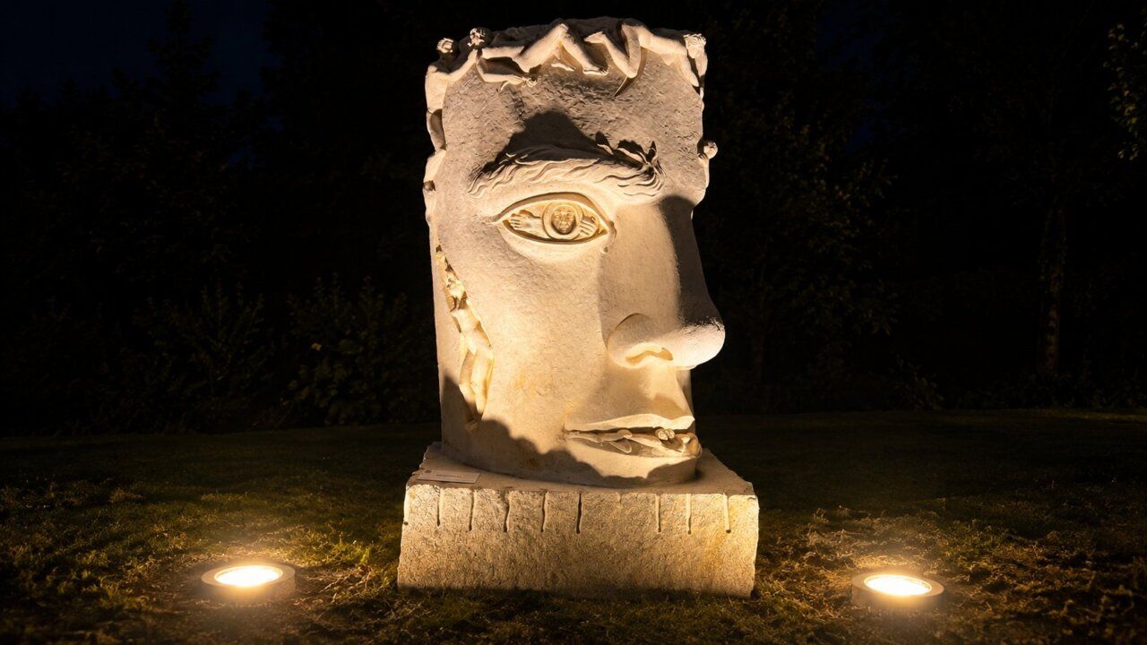 Escultura monumental iluminada en Carracedelo durante la noche