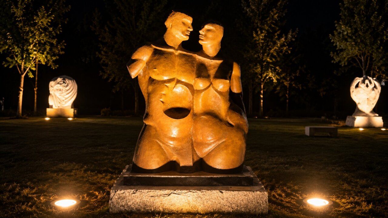 Escultura monumental iluminada en Carracedelo por la noche