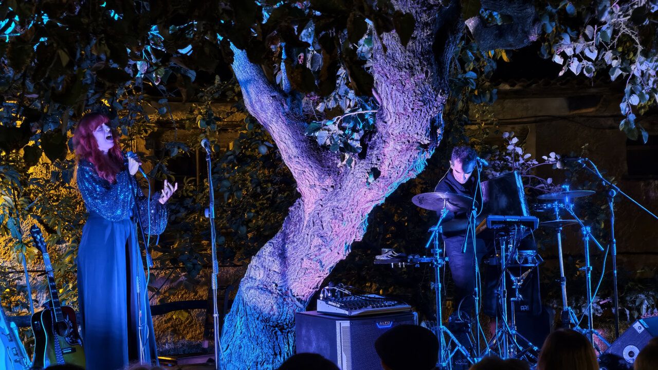Artistas actuando en el Festival Villar de los Mundos bajo un árbol iluminado
