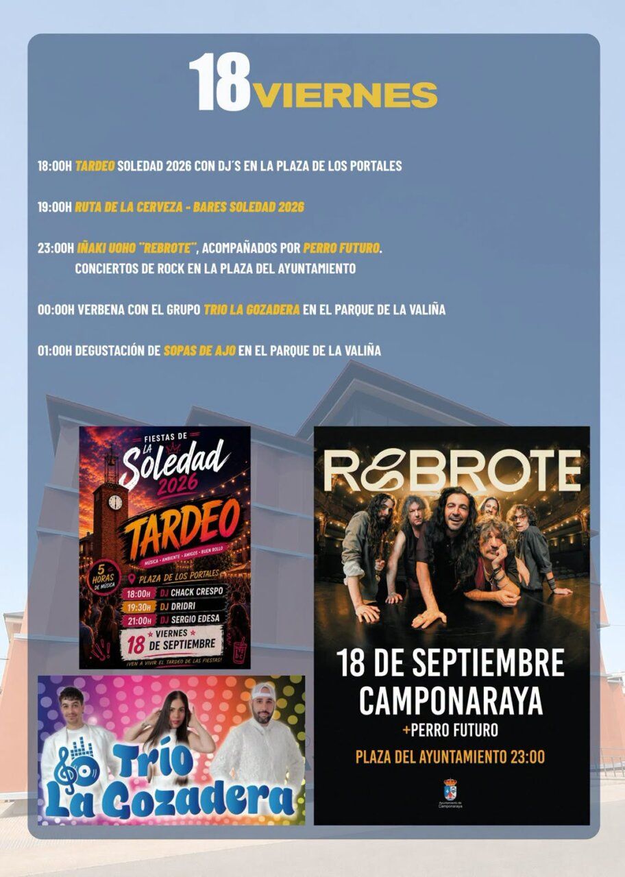 Cartel de las fiestas de La Soledad 2026 en Camponaraya con actividades y conciertos.