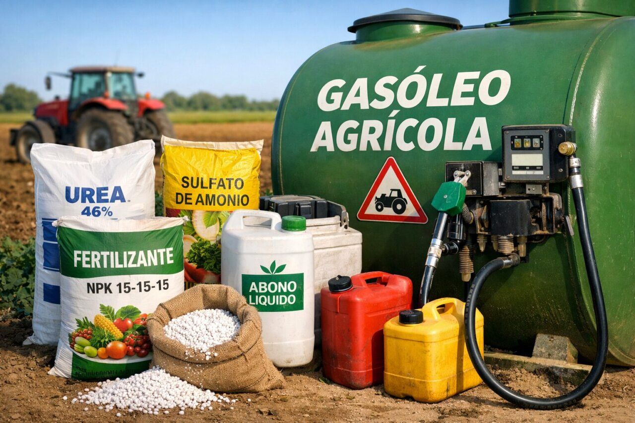 Contenedor de gasóleo agrícola junto a fertilizantes en un campo
