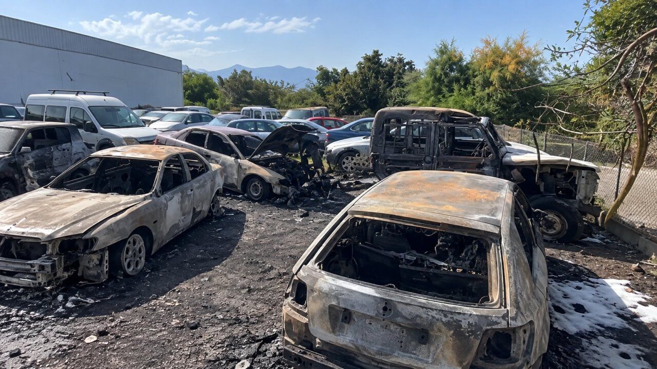 Vehículos dañados por incendio en la avenida de Galicia en Ponferrada