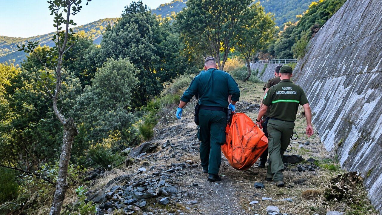 Agentes de la Guardia Civil transportando un oso pardo muerto en un canal