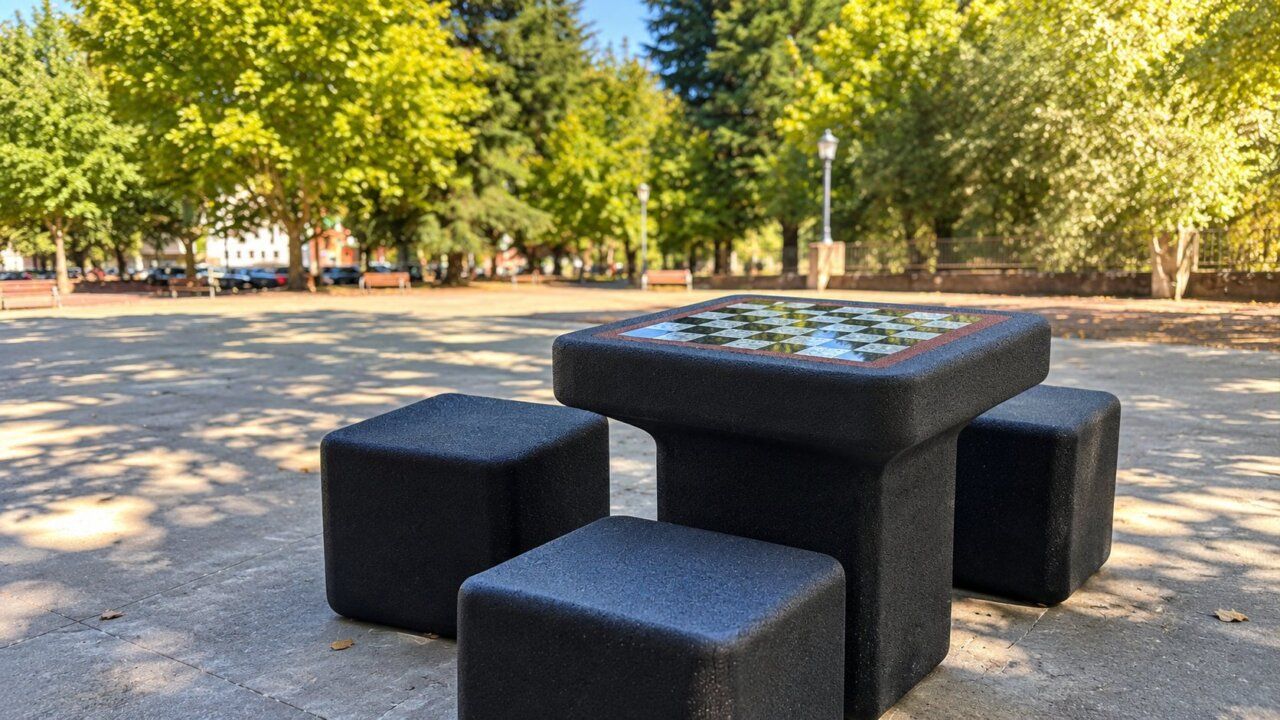 Mesa de ajedrez en el Parque de la Concordia con asientos alrededor.