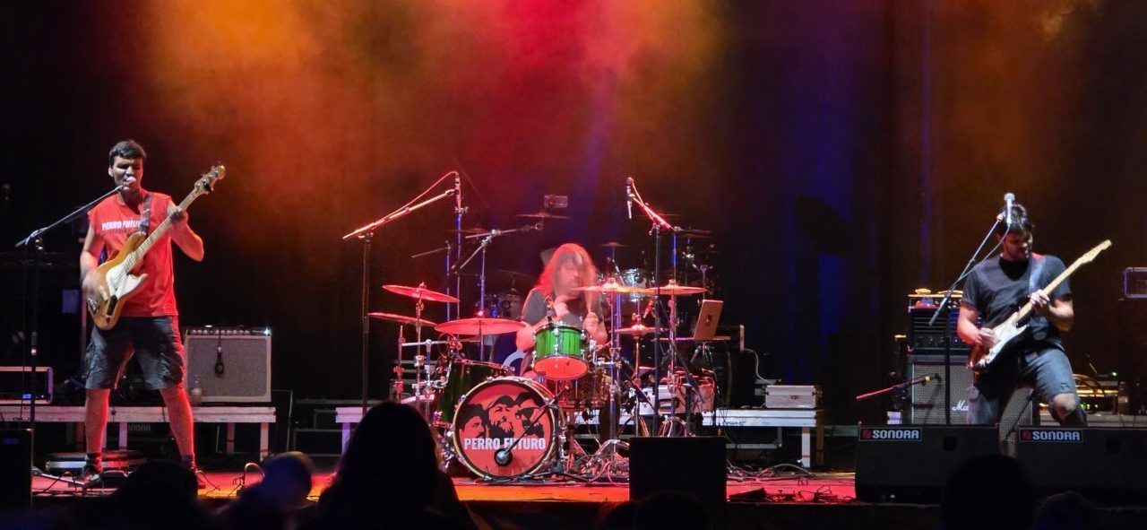 Banda Perro Futuro tocando en un concierto con luces de colores