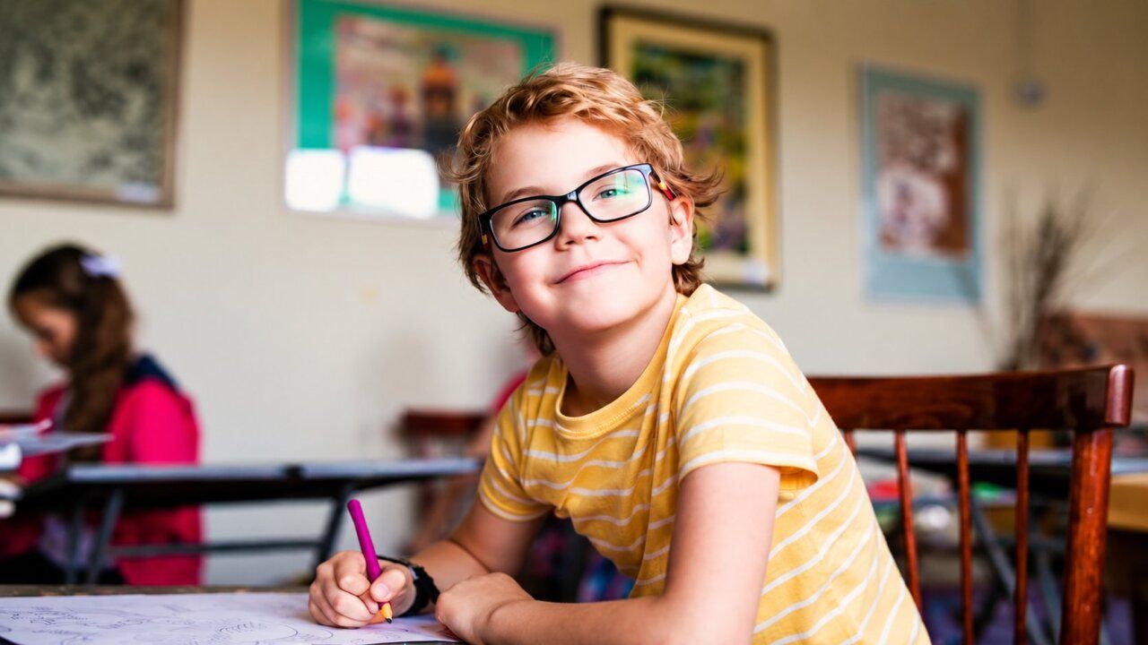Niño sonriente con gafas en clase, escribiendo con un lápiz